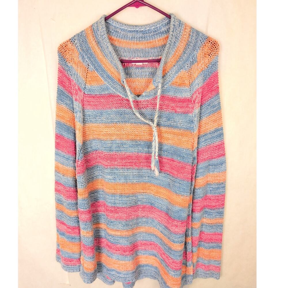 J. Jill open knit striped hooded sweater Size XL Coastal Retro Beachy Boho